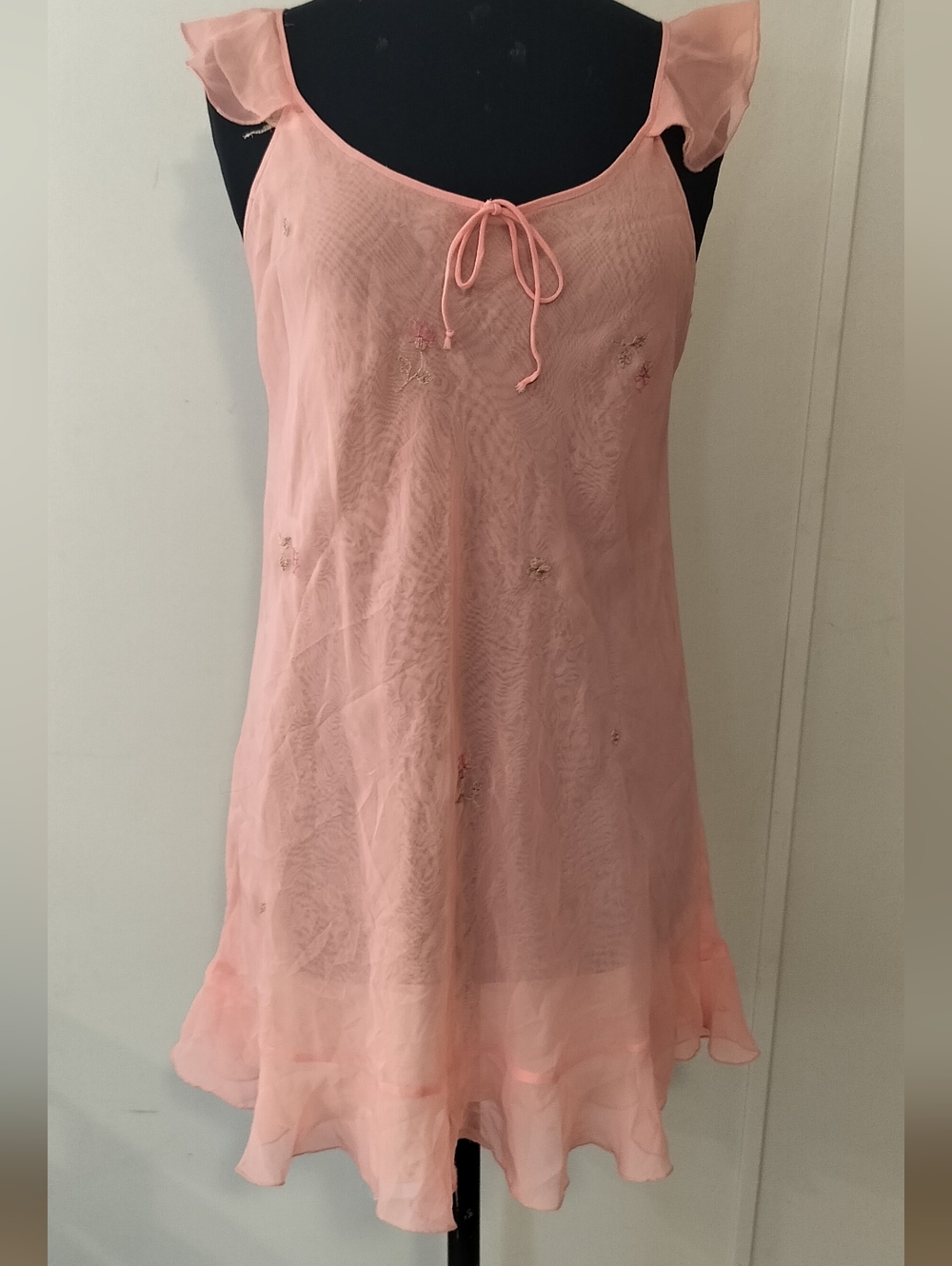 Oscar De La Renta Sheer Pink Chiffon Nightchemise with Ruffle Hem